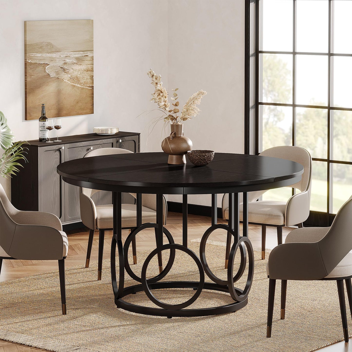 Tribesigns 47-Inch Round Dining Table, Wood Kitchen Table with Sturdy Metal Base for 4-6 People, Large Circle Dinner Table for Dining Room, Kitchen