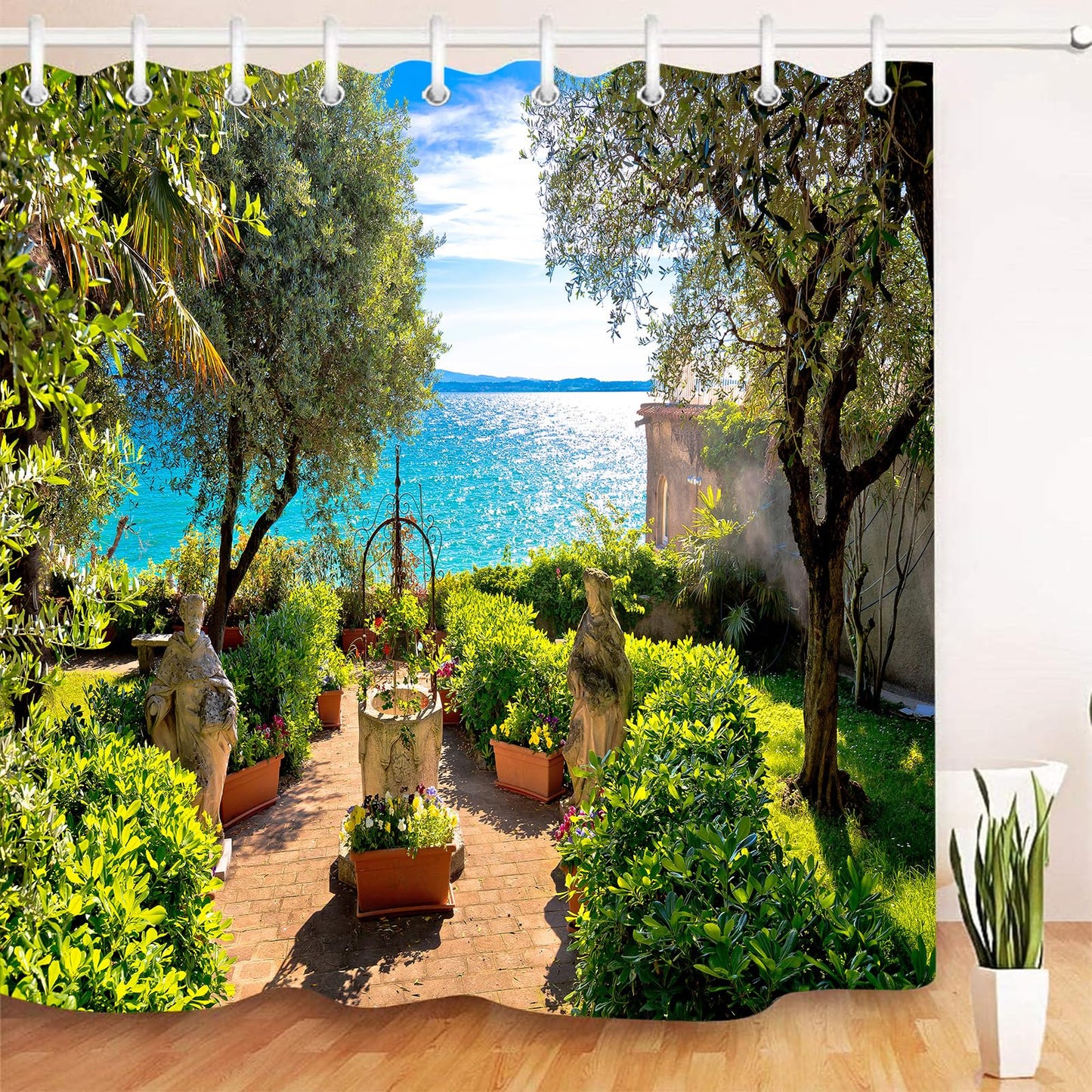 Sunny seaside garden with beautiful scenery Bathroom decoration, 3D HD, polyester waterproof shower curtain, 12 hooks, 180X180cm, bathroom essential
