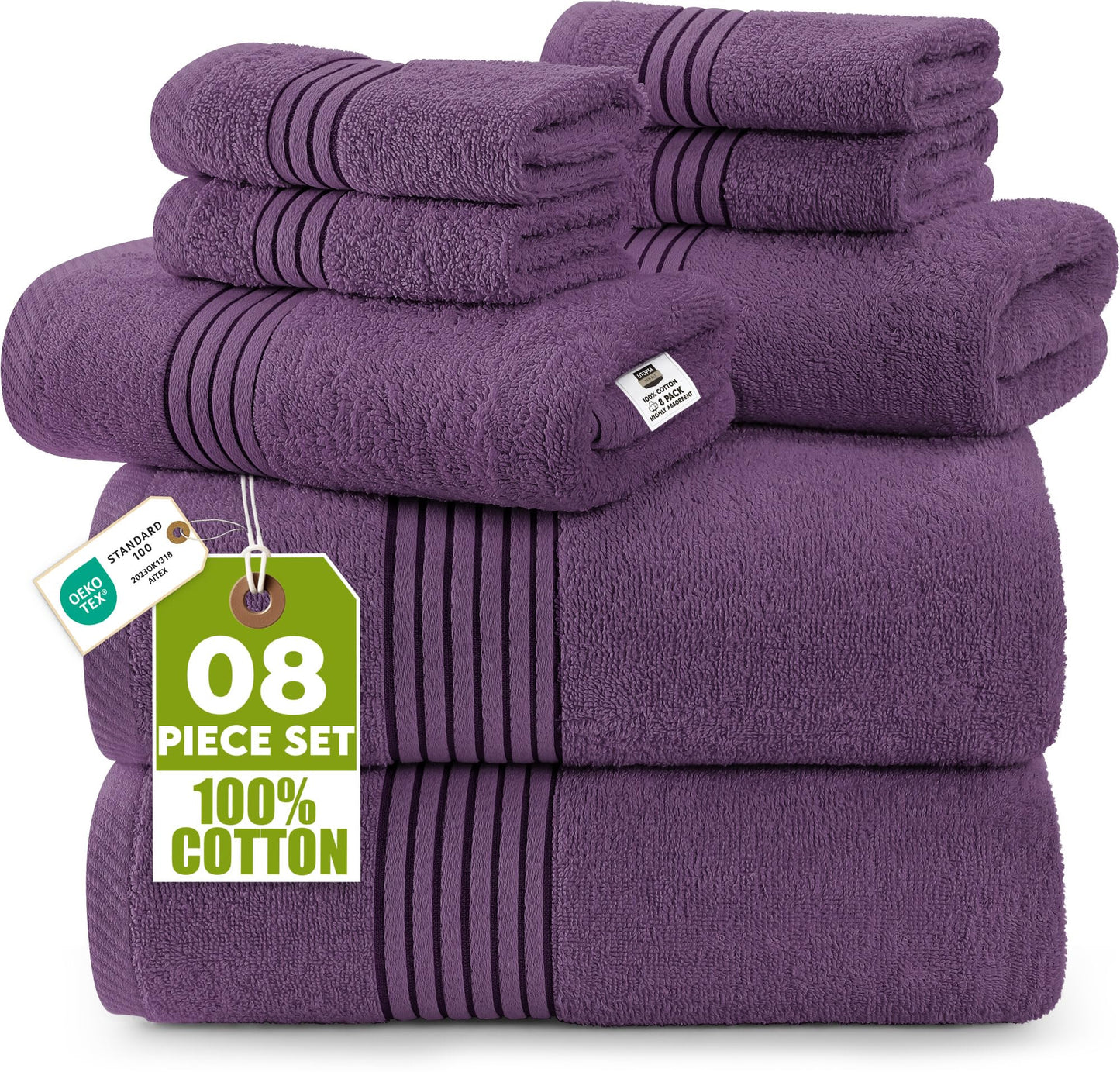 Utopia Towels 8-Piece Premium Towel Set, 2 Bath Towels, 2 Hand Towels, and 4 Wash Cloths, 100% Ring Spun Cotton Highly Absorbent Towels for Bathroom