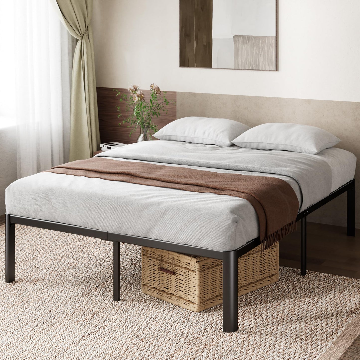 Zinus Van Double Bed frame - Bed 135x190 cm - 41 cm Height with Underbed storage - Metal Platform Bed frame with Steel slat support - Black