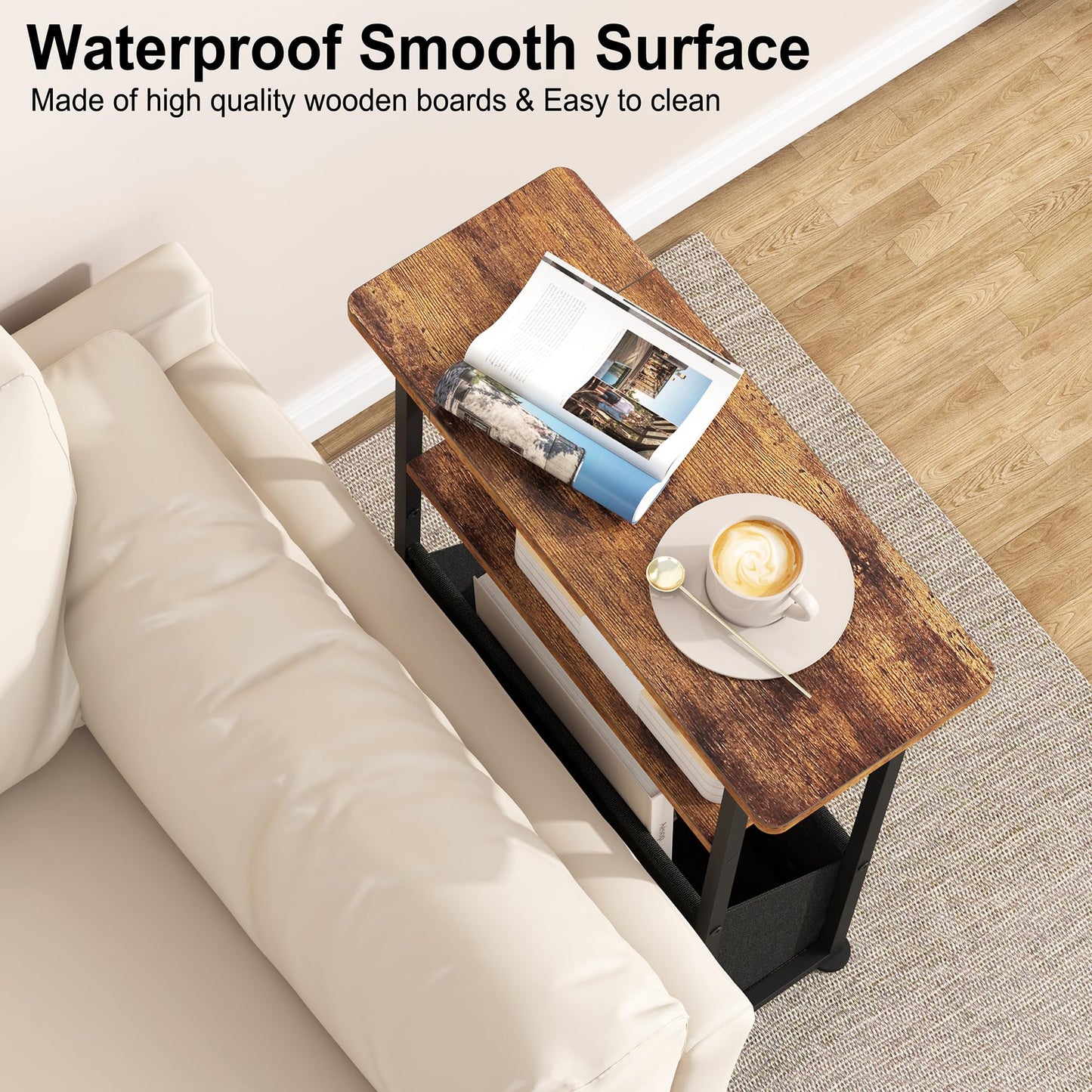 Yusong Narrow Side Table for Small Spaces, Skinny End Table with Storage Basket, 3 Tier Slim Sofa Couch Bedside Table, Thin Nightstand for Bedroom