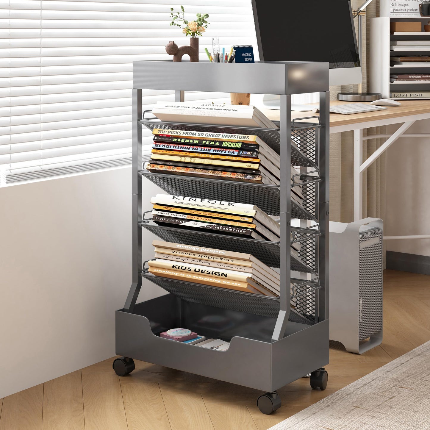 Ornestia Metal Book Trolley, Mobile Storage Bookcase with Wheels(Grey)