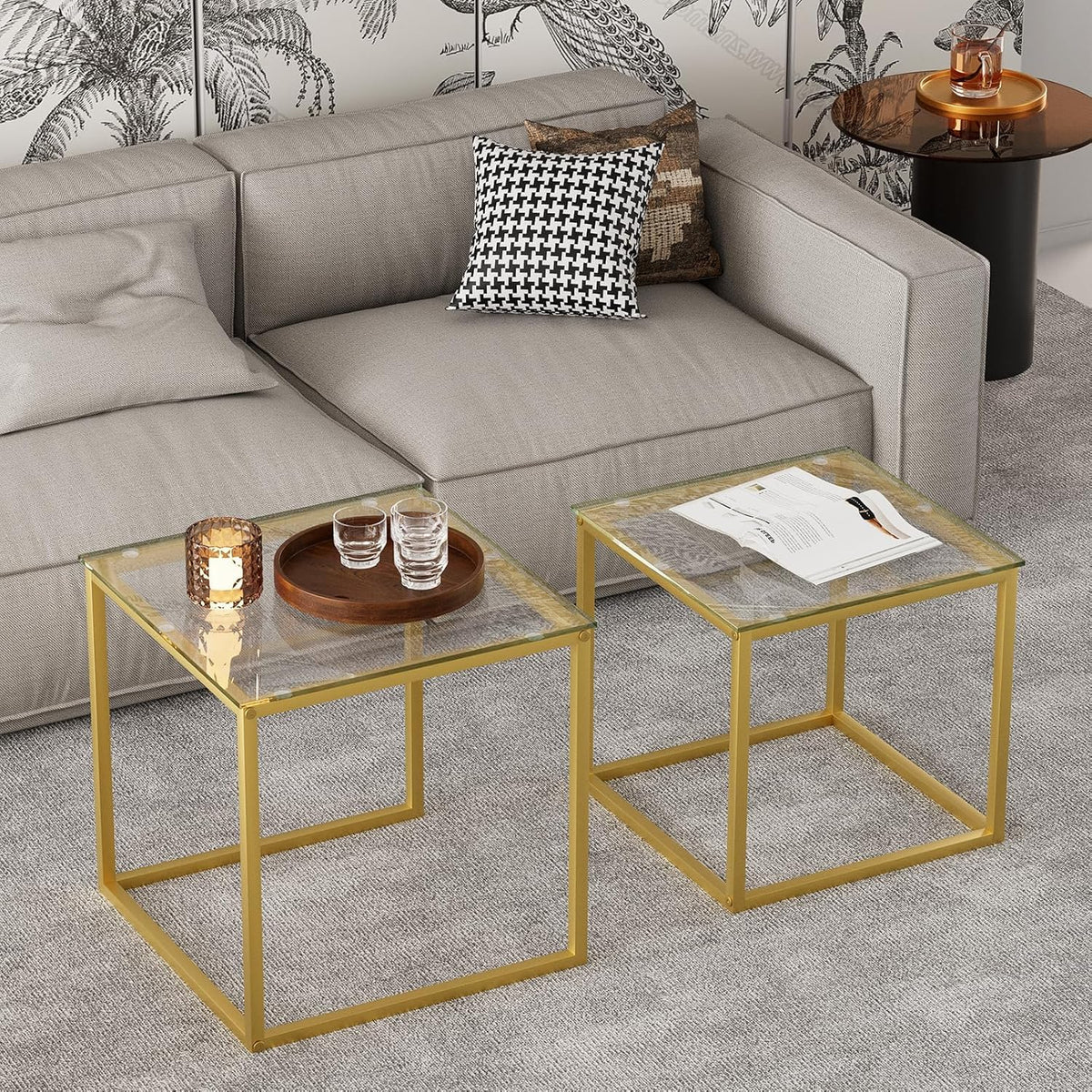 Huhote Nesting Tables, Set of 2 End Table, Coffee Tables, Glass Side Table