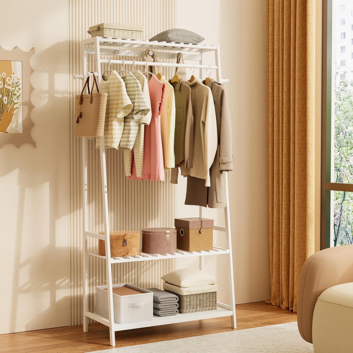 unho Bamboo Clothes Rail Rack: Free Standing Garment Rack with 3 Storage Shelves 10 Hooks Open Wardrobe Organizer for Clothes Shoes Hats Bags in