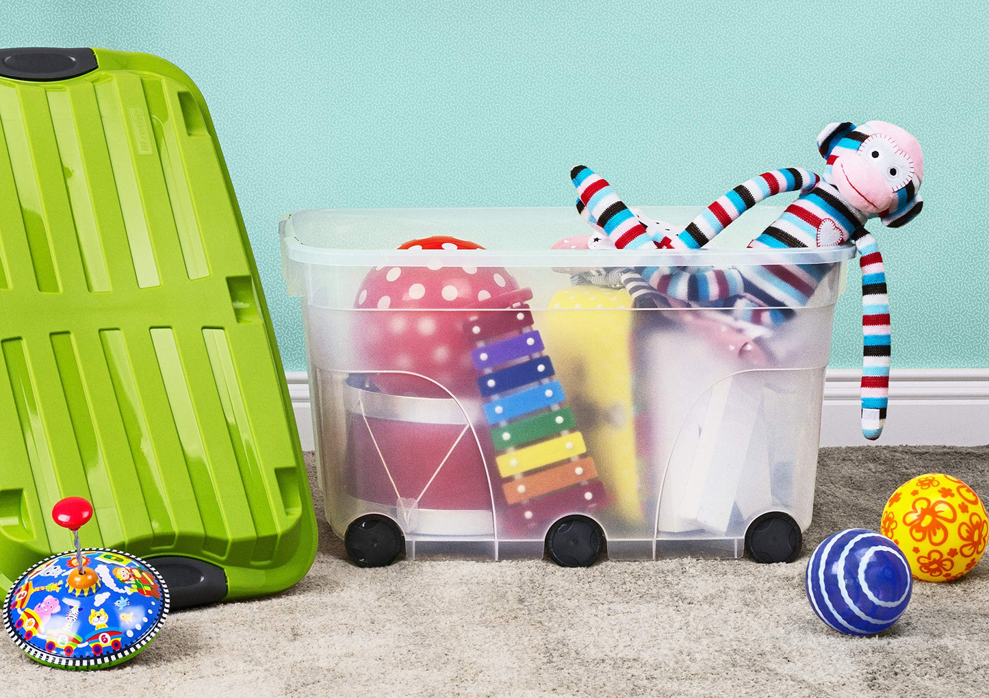 Rotho Roller 6 Set of 2 storage boxes 57 l with lid, Plastic (PP) BPA-free, Transparent/Green, 2 x 57 l (60,0 x 40,0 x 37,0 cm)