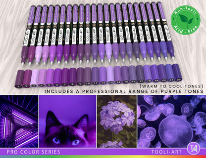 Acrylic Paint Pens 22 Purple Tones Assorted Pro Colour Series Markers Set 0.7mm Extra Fine Tip for Rock Painting, Glass, Mugs, Wood, Metal, Canvas,
