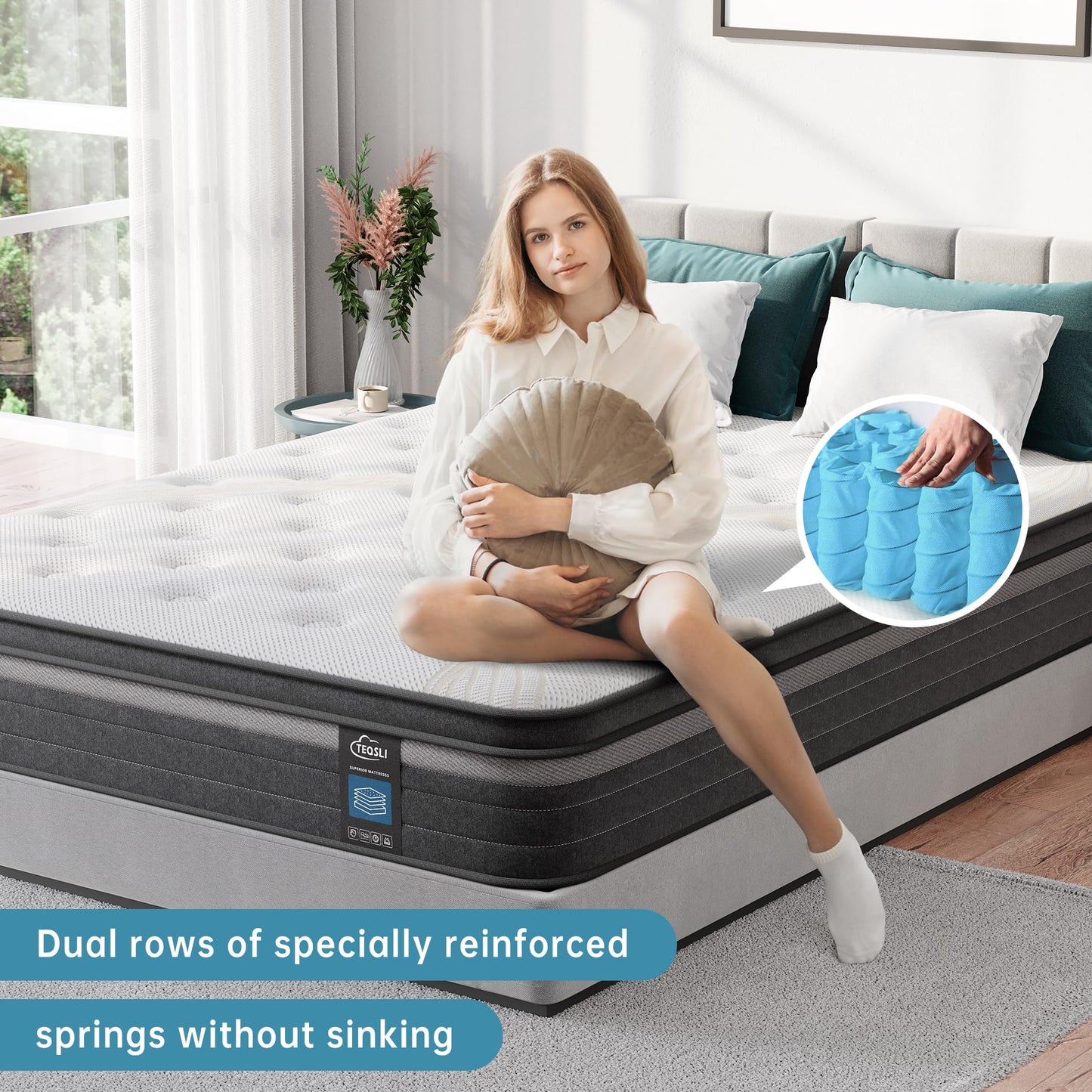 TeQsli King Mattress, 10.6 Inch Cool Memory Foam Individually Pocket Sprung Mattress for Pressure & Back Pain Relief