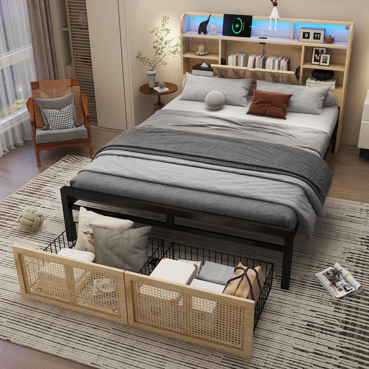 Merax 4ft6 Wooden Bed Frame LED Double Bed Platform Bed 135x190cm,Charging Port, PE Rattan Drawer with Wheels,MDF + Iron,Wood Colour (NO Mattress)