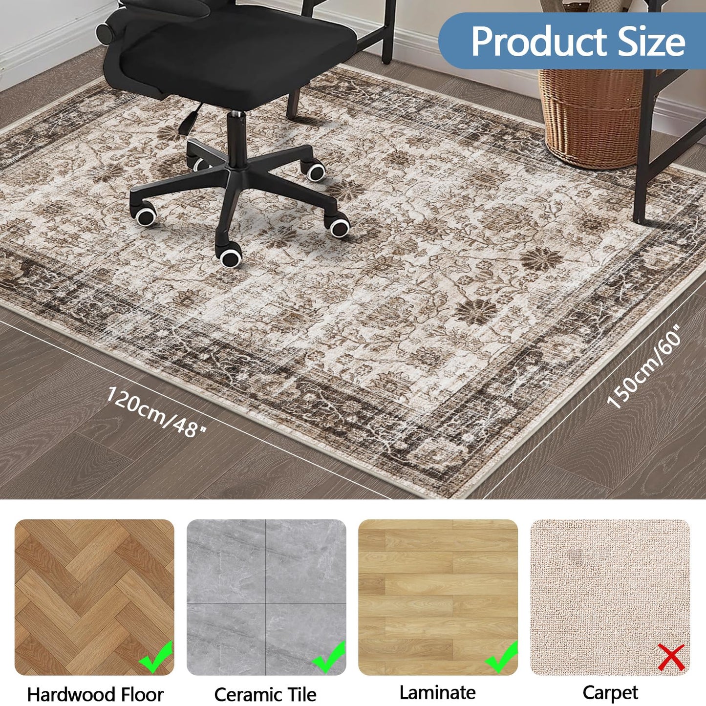 Office Chair Mat for Hardwood Floor, 120x150 cm Anti-Slip Computer Gaming Desk Mat, Multi-Purpose Floor Protector for Home Office Rolling Chair