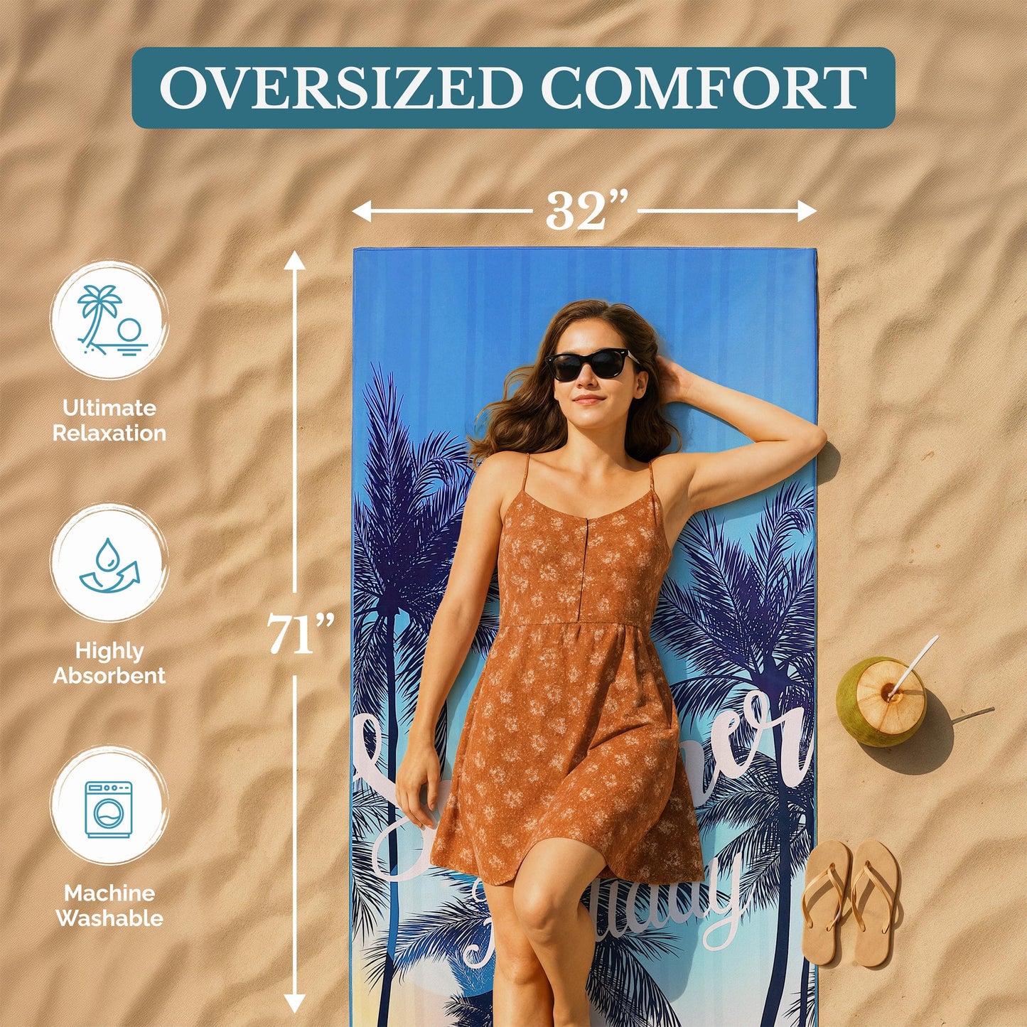 Casa Platino 6-Pack Oversized Microfiber Beach Towels – 71"x32" Sand-Free, Lightweight & Quick-Dry – Double-Sided Printed Pool, Travel