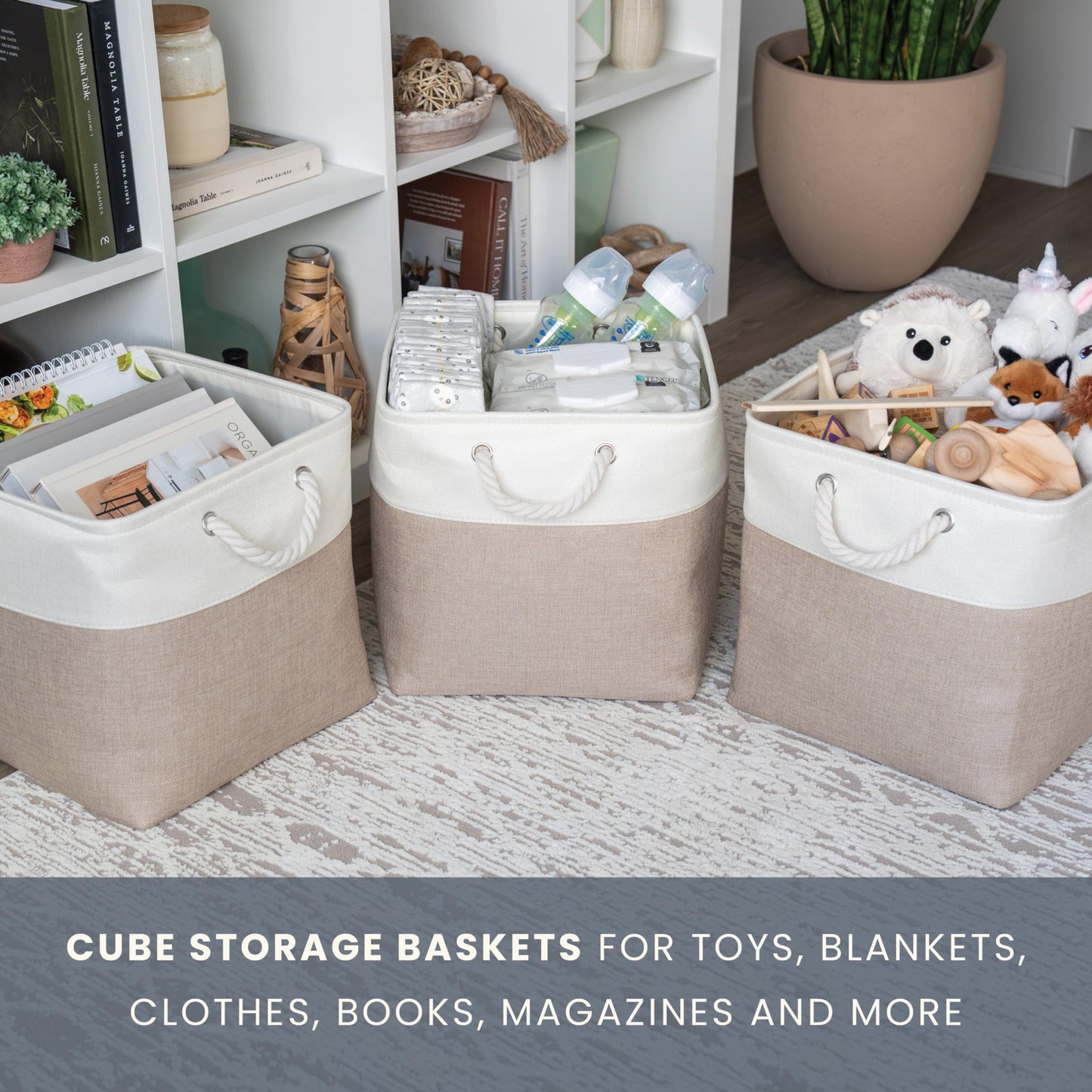 OrganiHaus Fabric Storage Boxes, Set of 4 Foldable 33X33 Cube Organiser Bins with Rope Handles for Shelves, Nursery & Closet