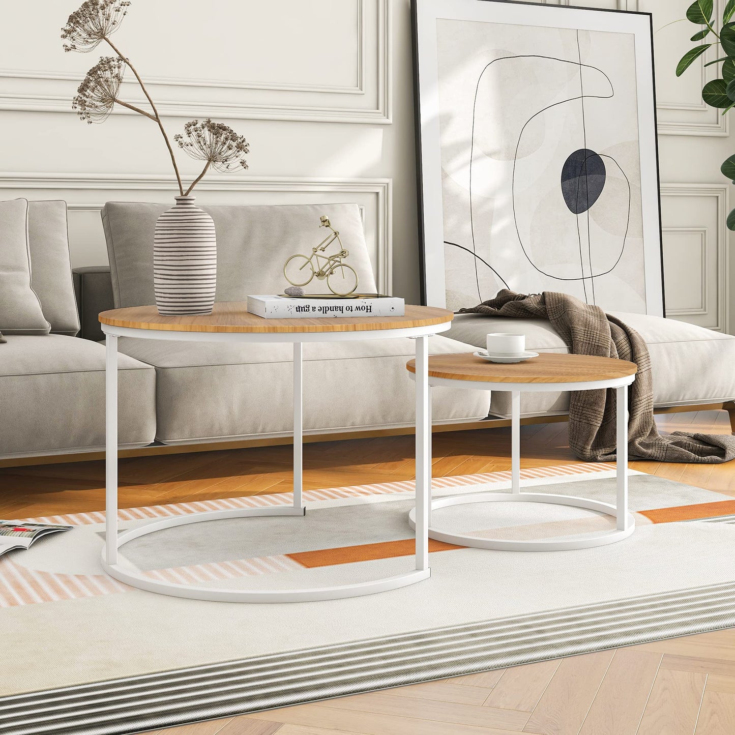 BOFENG Round Nesting Coffee Table,Set of 2 End Tables for Living Room/Bedroom/Small Space,Easy Assembly(White+Oakdk, Set of 2)