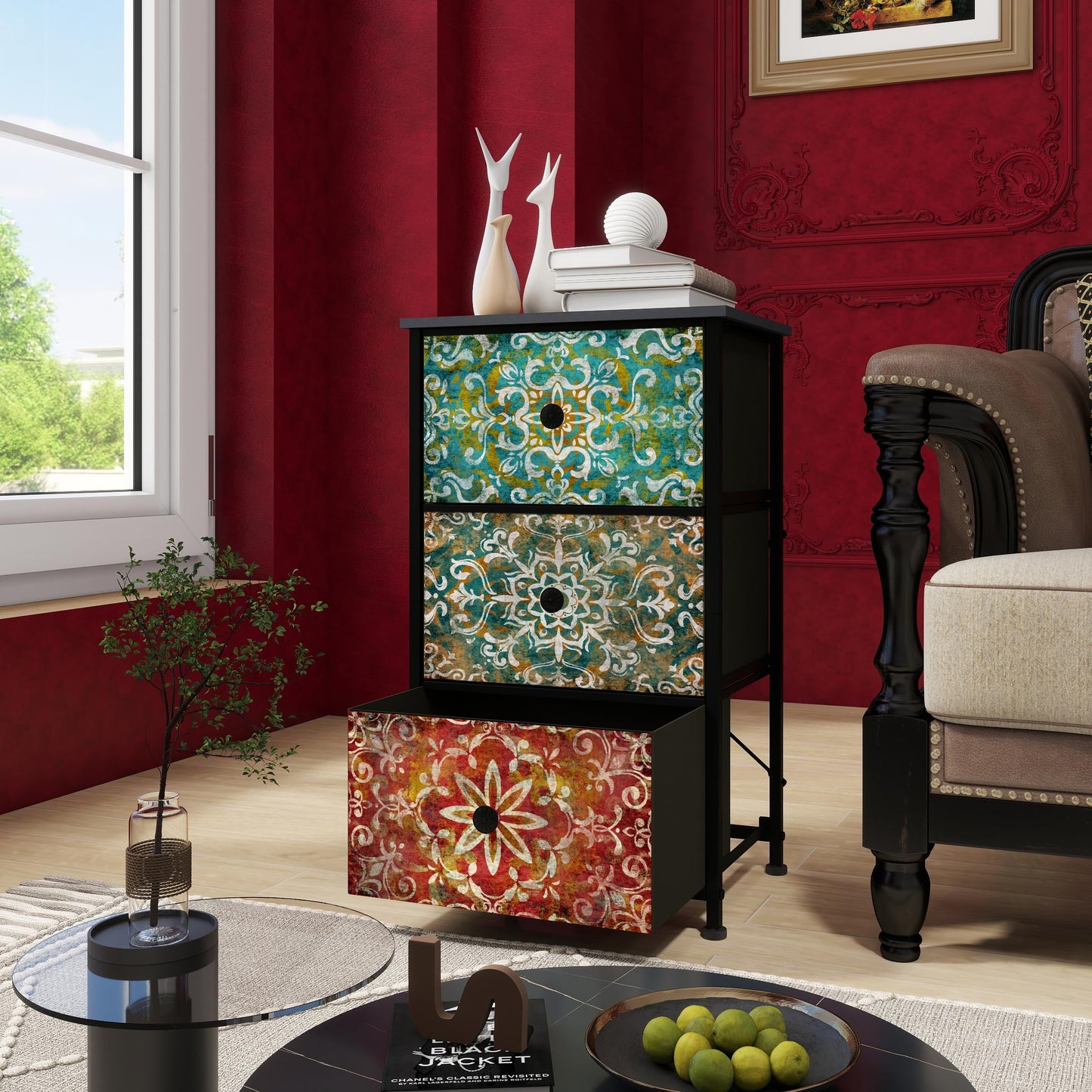 Welfuturer Chest of Drawers Bedroom with 3 Fabric Drawers Bohemian Print, Small Storage Unit Nightstand End Table with Wood Top Metal Frame for
