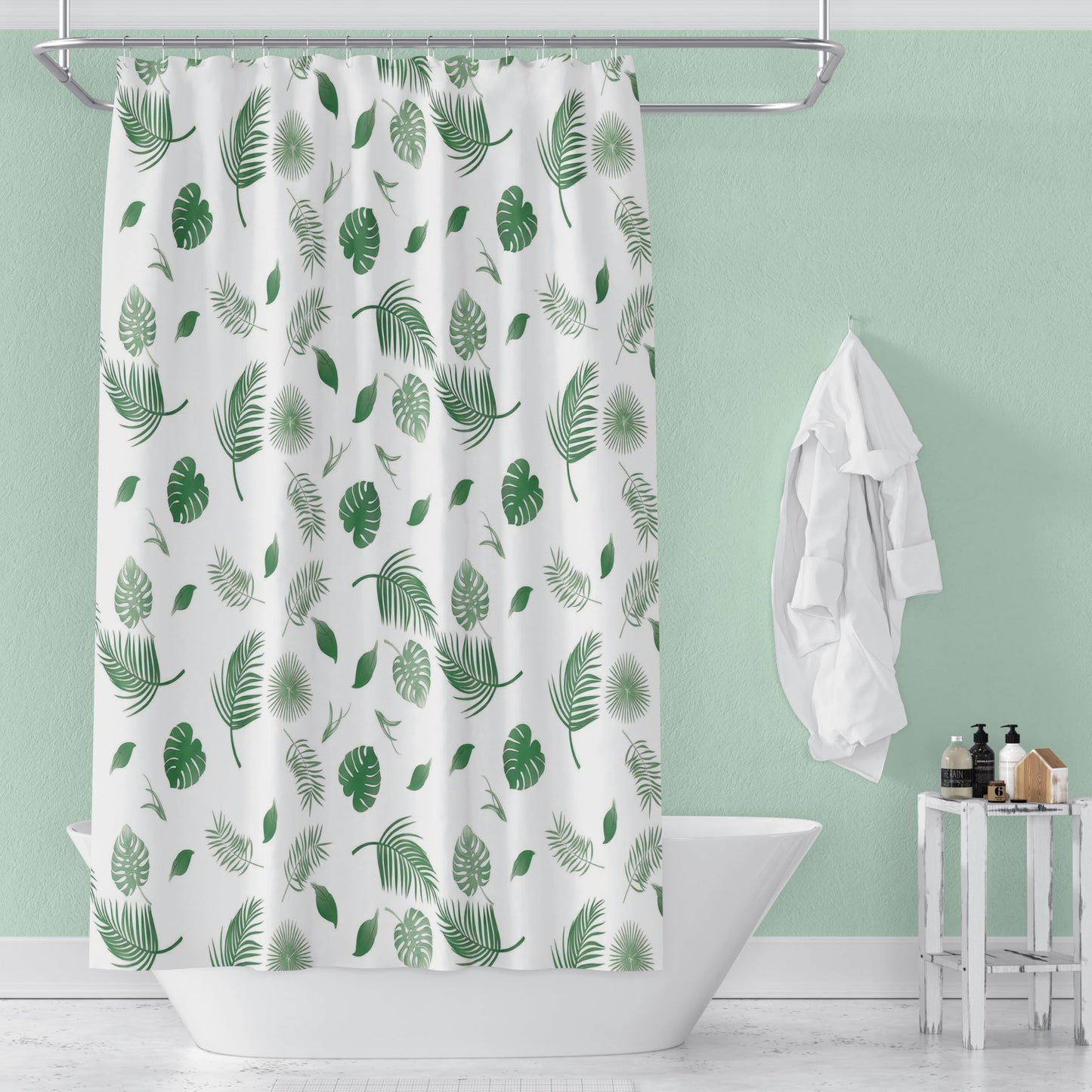 BANLMEYD Shower Curtain Mould Proof Resistant Green Leaf, Premium PEVA Waterproof Shower Curtain