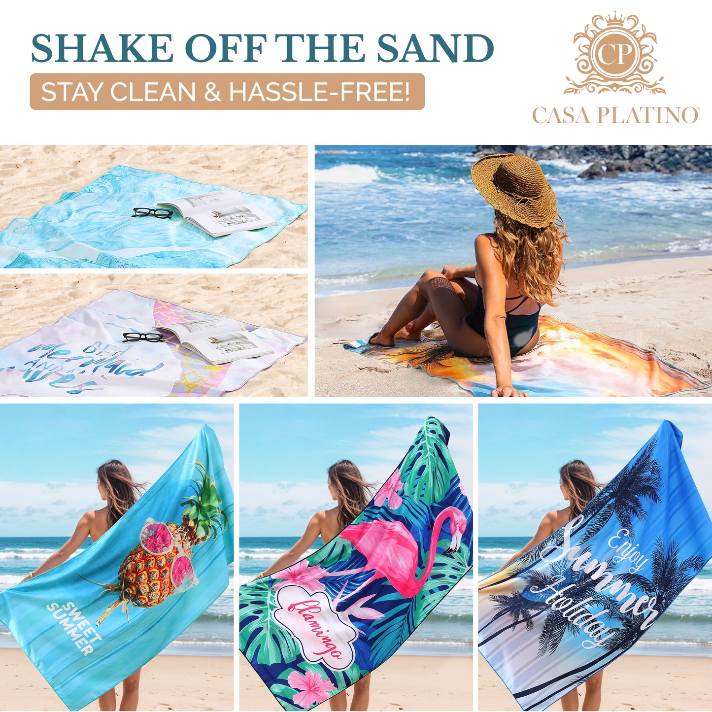Casa Platino Extra Large Beach Towels 6-Pack – 71"x32" Sand-Free, Quick-Dry & Lightweight – Soft, Double-Sided Pool, Swim & Travel Towels for Adults