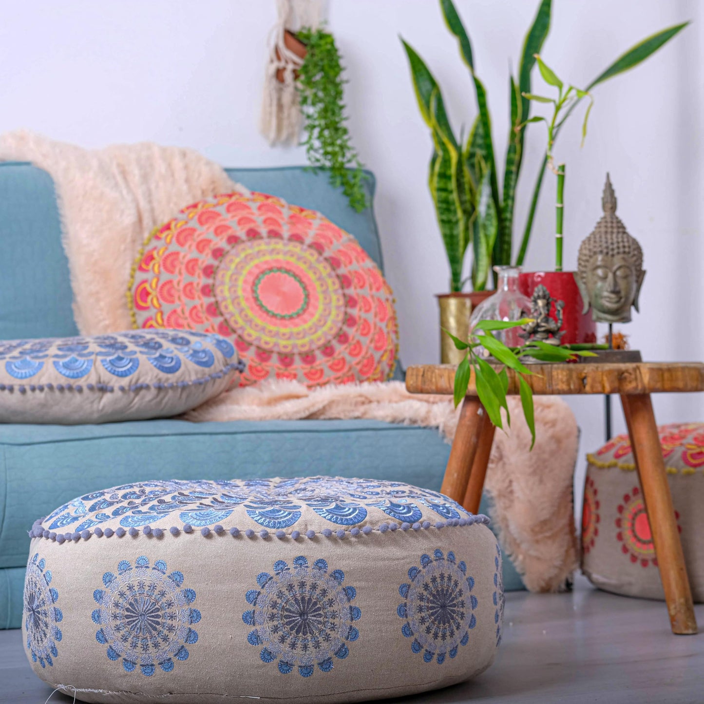 Mandala Life ART Green Round Velvet Pouf Cover - Soft Embroidered Ottoman Slipcover with Moroccan Design, 24 Inch Diameter, Ideal for Living Room