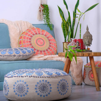 Mandala Life ART Green Round Velvet Pouf Cover - Soft Embroidered Ottoman Slipcover with Moroccan Design, 24 Inch Diameter, Ideal for Living Room
