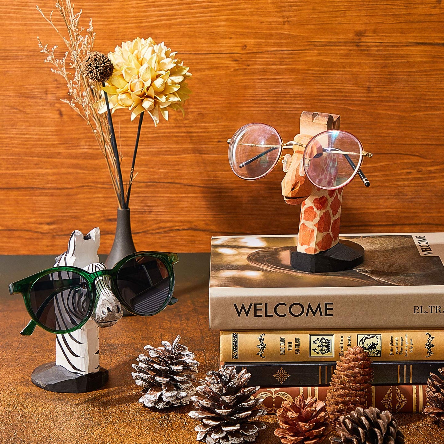 Weewooday 2 Pcs Wooden Animal Eyeglass Holder Hand Carved,Giraffe, Zebra