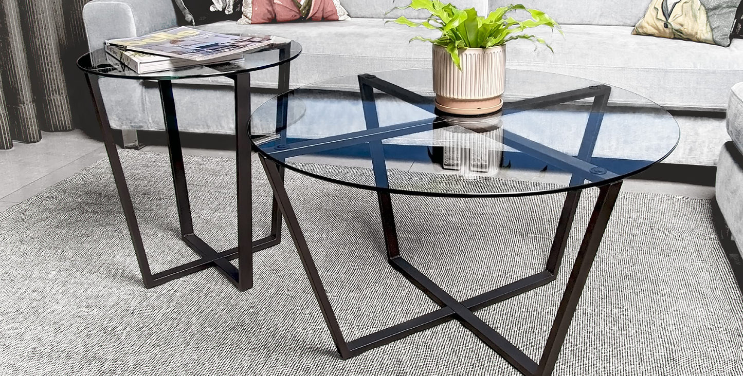 Mango Steam Round Metro Glass Coffee Table/Side Table/for Living Room & Dining Room - Clear Top/Black Base