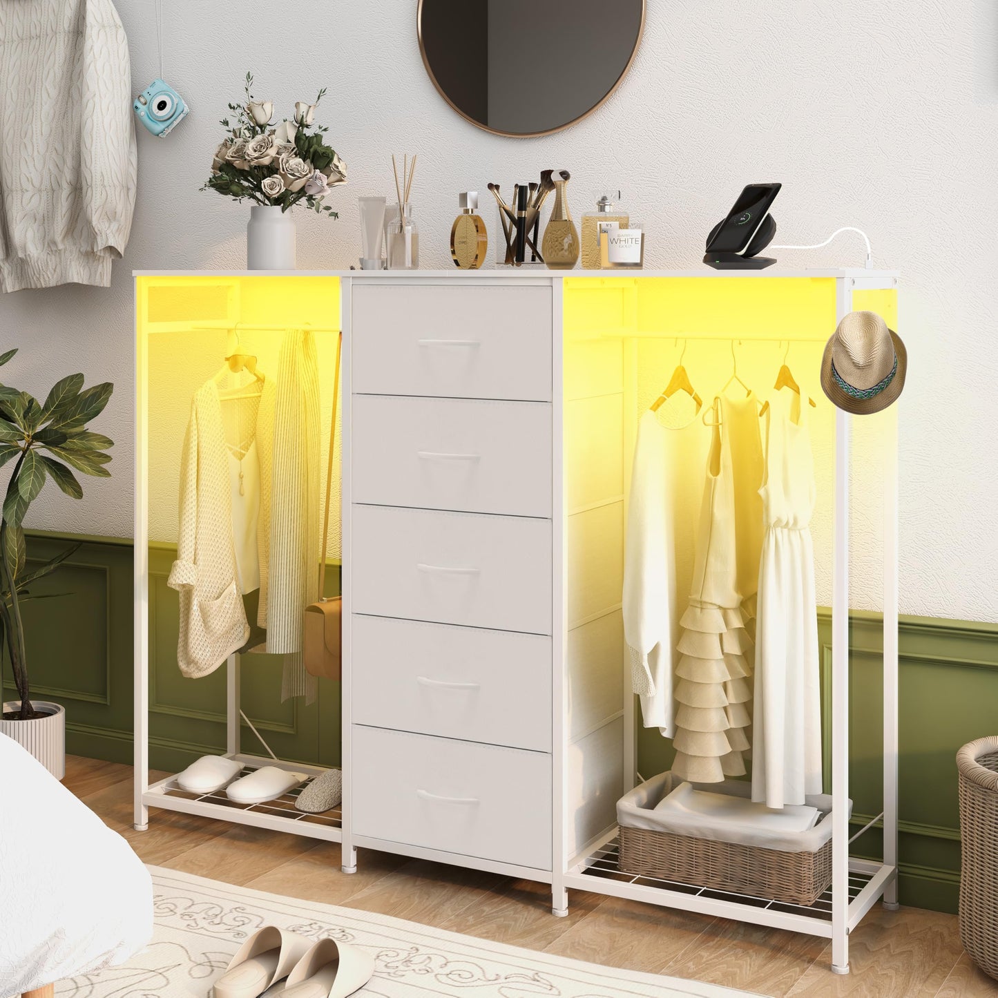 Trironsun 5 Drawer Dresser with Clothes Rack Chest of Drawers with Clothes Rail LED Lights Wardrobe Closet Drawers Charging Station Flexible Shelf