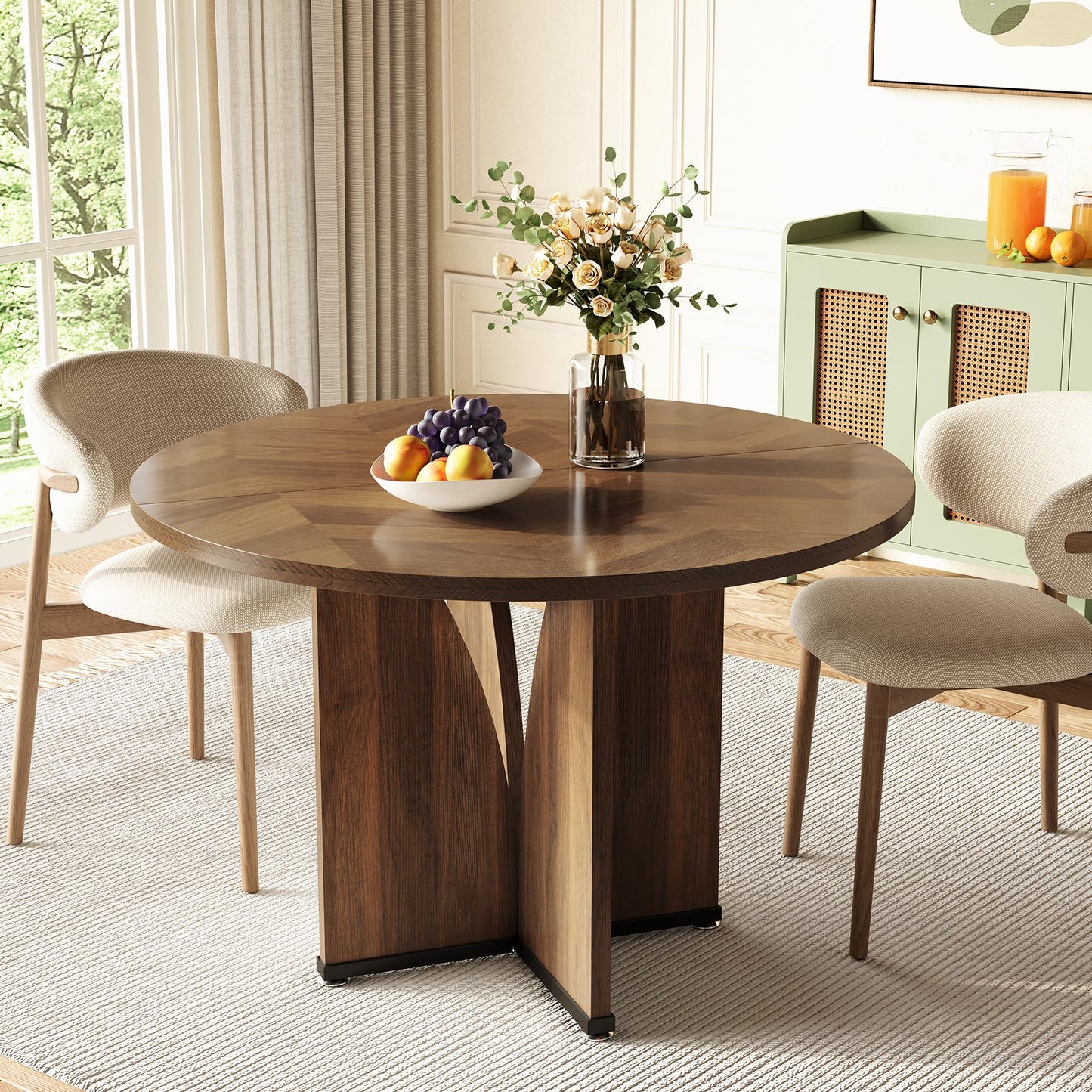 Tribesigns 39-Inch Small Round Dining Table for 4, Rustic Brown Farmhouse Kitchen Table with X-Shaped Stable Pedestal, Round Dining for Living Room