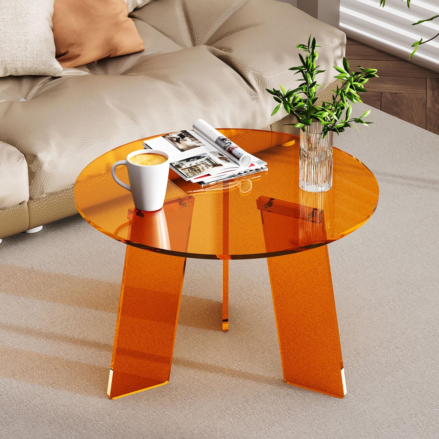 Dewrhiixe Acrylic Round Coffee Table, Clear Circle Modern Lucite Side Table for Living Room, Bedroom, Office (Orange, 60×60×40 cm)