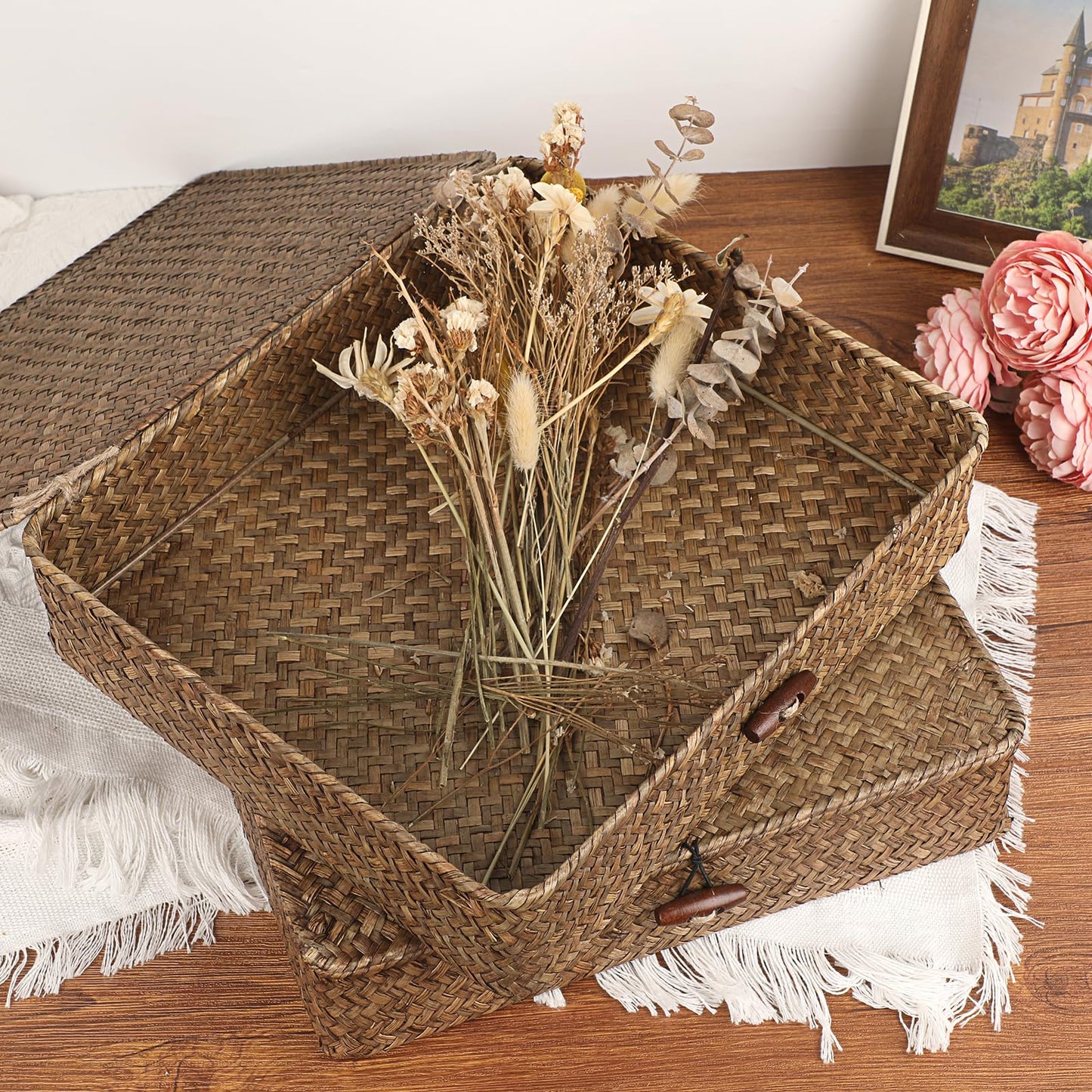 IGNPION Seagrass Storage Basket with Lid, Bathroom Woven Shelves Box Set of 2 Wicker Decorative Baskets, Flat Desk and Shelves Basket Bins