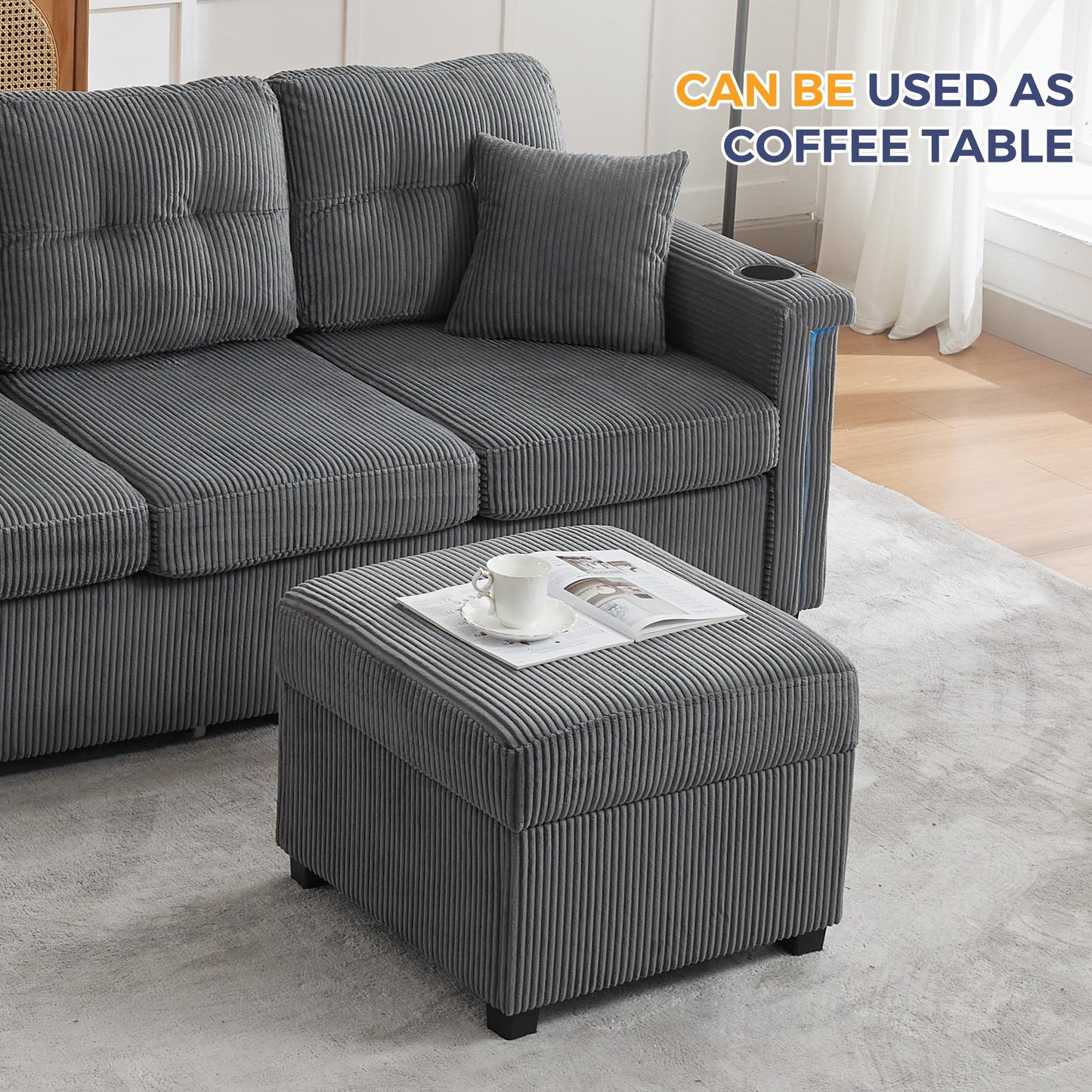 MAXYOYO Ottoman with Storage, 57CM Corduroy Footstool Multipurpose Foot Rest Sofa Stool