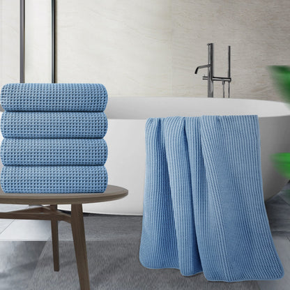 POLYTE Microfibre Oversize Quick Dry Lint Free Bath Towel, 152 x 76 cm, 4 Pack (Blue, Waffle Weave)