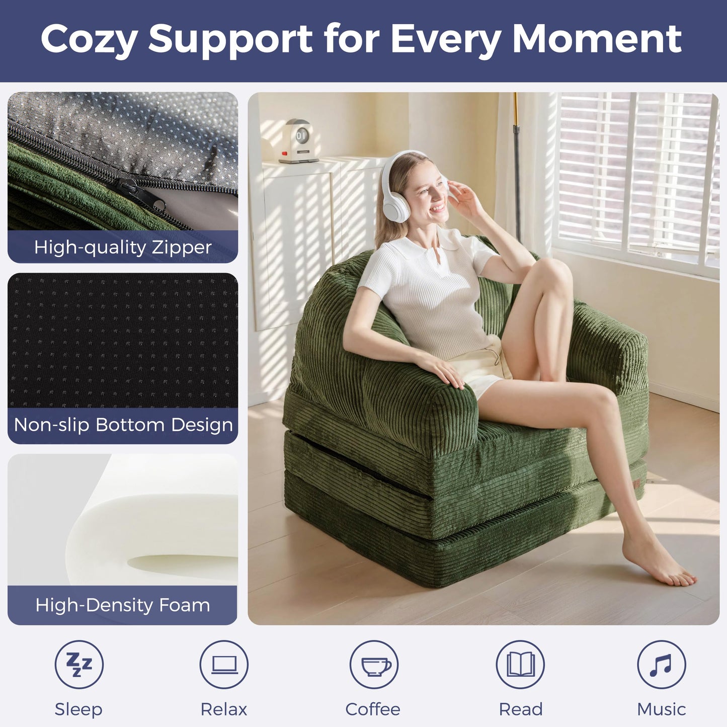 MAXYOYO Folding Sofa Bed with Backrest, Boneless Fold Out Couch Bed with Handle, 2 in 1 Convertible Bean Bag Chair to Floor Sofa Lounger