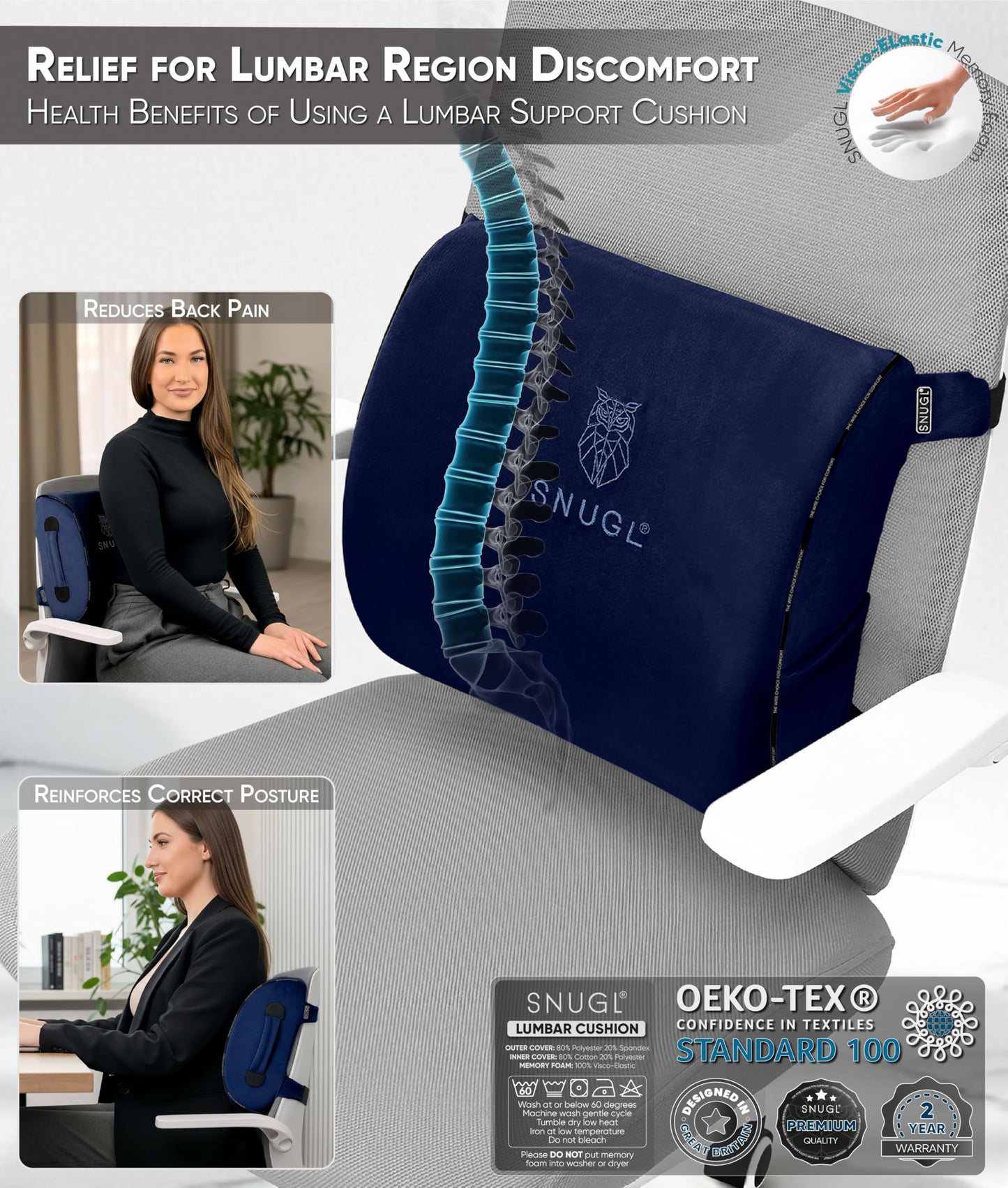 SNUGL Lumbar Support Cushion | Seat Cushions | Back Support for Office Chair | Posture Corrector Men & Women | Car Seat Cushion