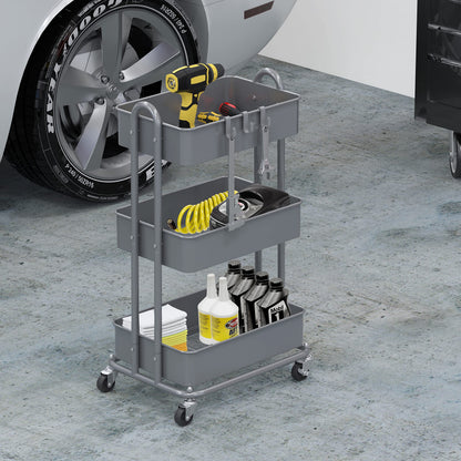 Simple Houseware Heavy Duty 3-Tier Metal Utility Rolling Cart, Silver
