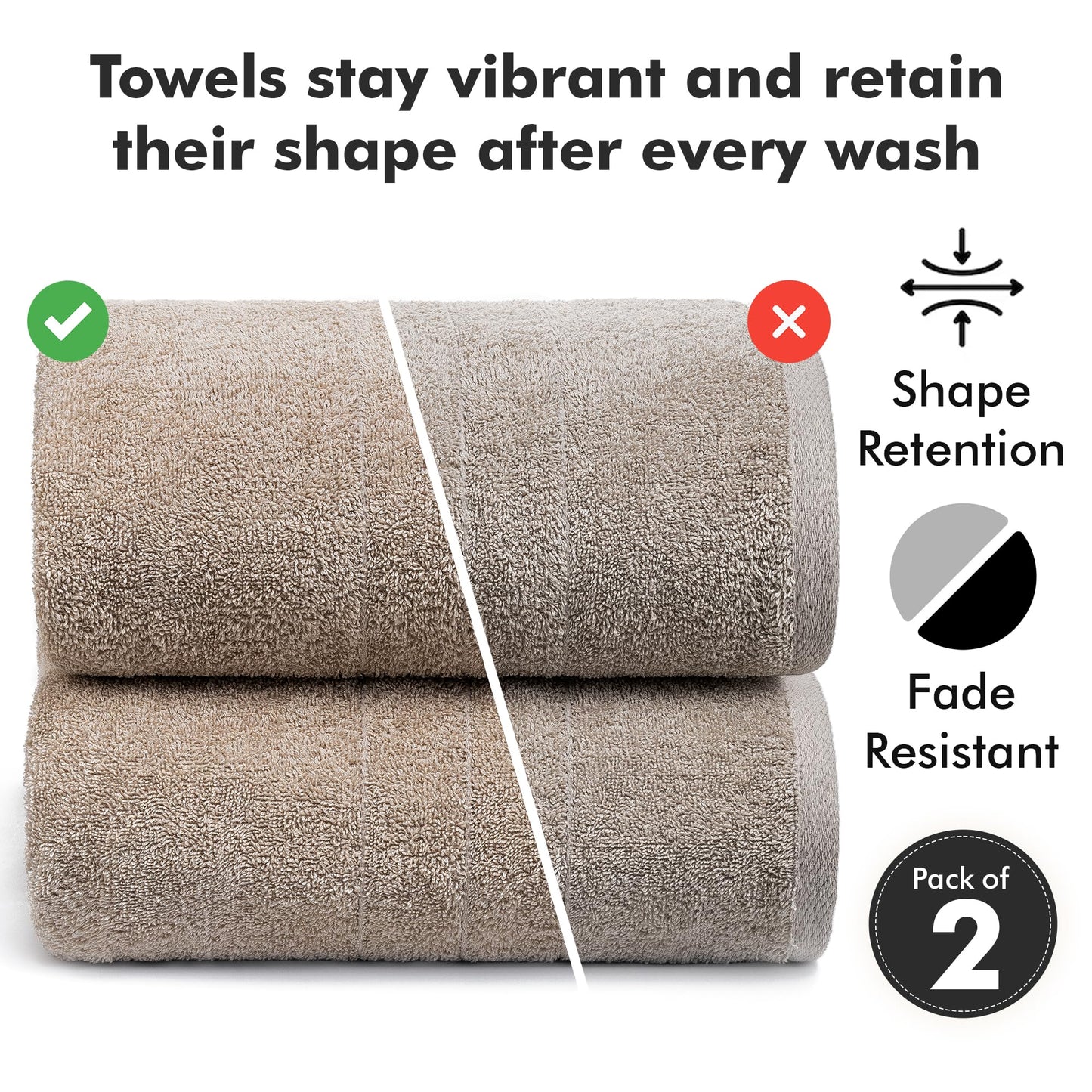 Novo Home Bath Sheets - Extra Large Bathroom Sheet Set – 550 GSM Pack of 2 Jumbo Towels Beige (90x180cm)
