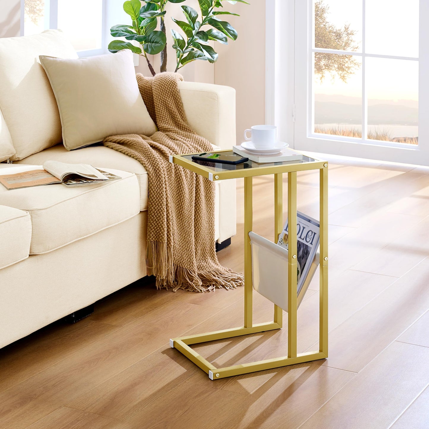 Gewudraw C Shaped Side Table, 58 CM Tall Glass End Table for Living Room