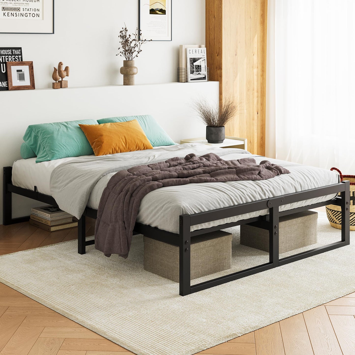 FORTUNERO King Size Metal Bed Frame Platform with Mattress Base 27cm Underbed Storage Steel Support Noise-Proof 150x200cm,Black