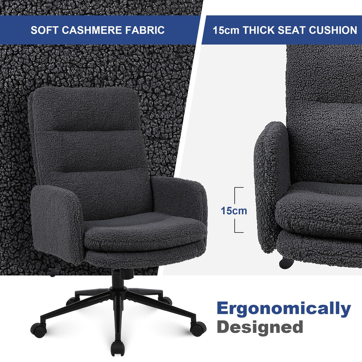 Youhauchair Desk Chair, Faux Cashmere Office Chair, Dark Grey