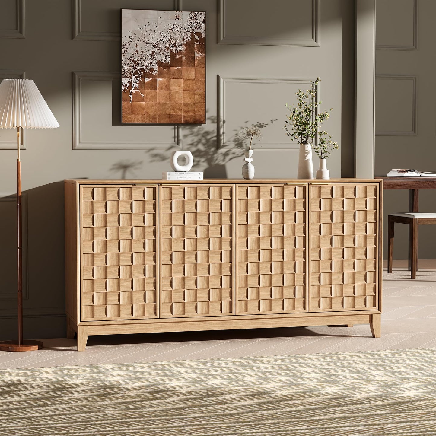 COLAMY Sideboard Cabinet, Wooden Sideboard Cabinet with 4 Doors, Textured Design, Adjustable Shelves, Soft Close Hinges