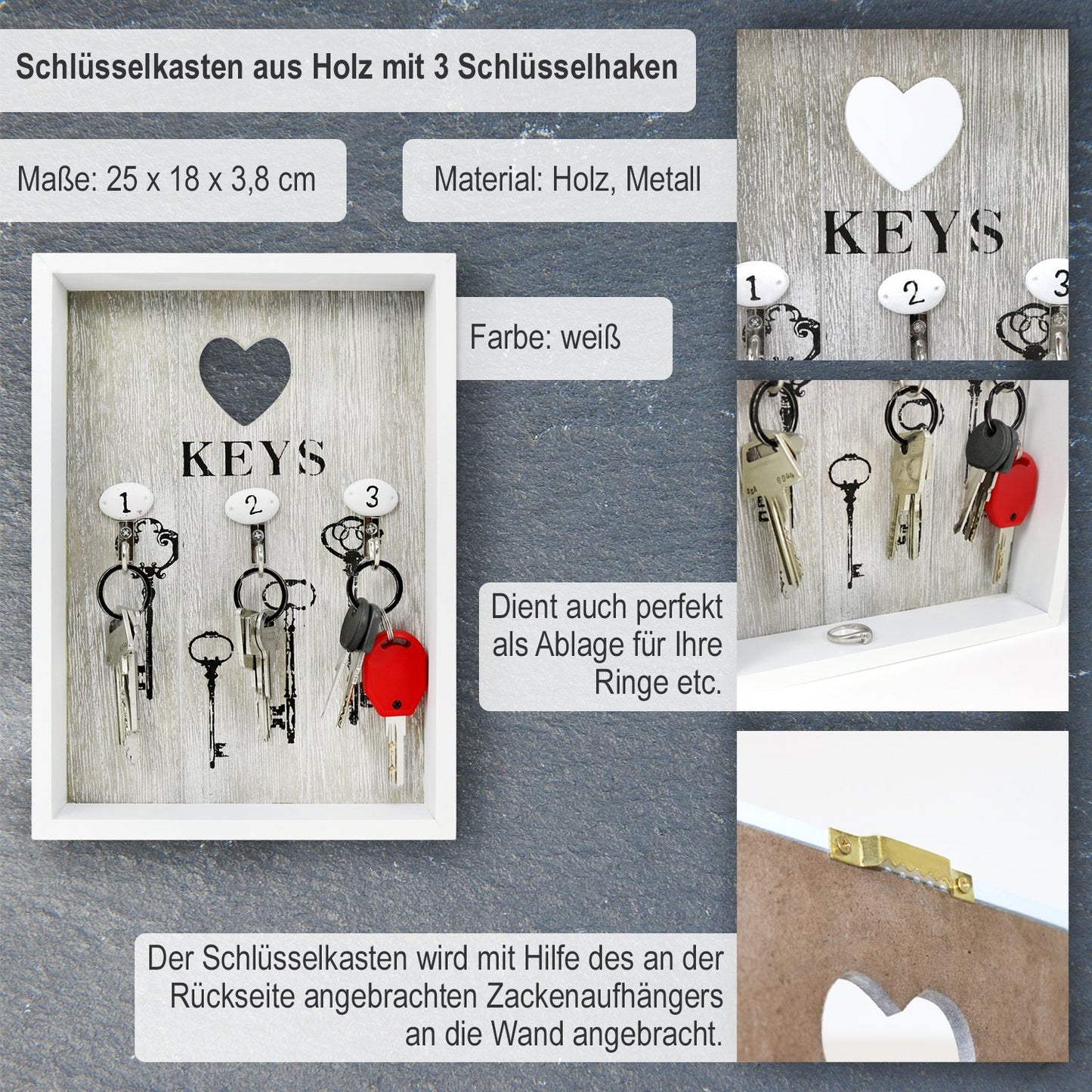 com-four® key box made of wood with 3 key hooks, 25 x 18 x 3.8 cm