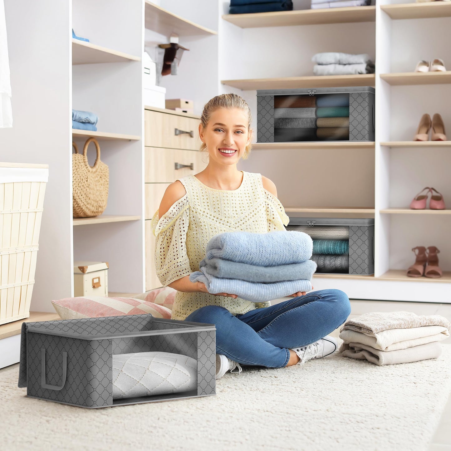 Sorbus Foldable Storage Bag Organizers, Large Clear Window & Carry Handles, Great for Clothes, Blankets, Closets, Bedrooms, and more (3-Pack, Gray)