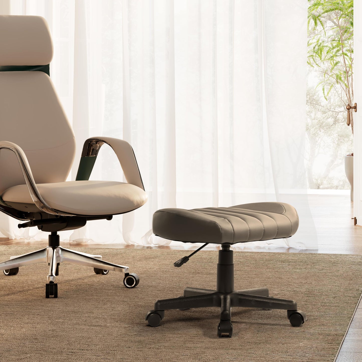 EUREKA ERGONOMIC Height Adjustable Under Desk Footrest,Ultra Soft Padded Roller Seat PU Leather Low Round Rolling Stool Floor Stool with Wheels,Ideal
