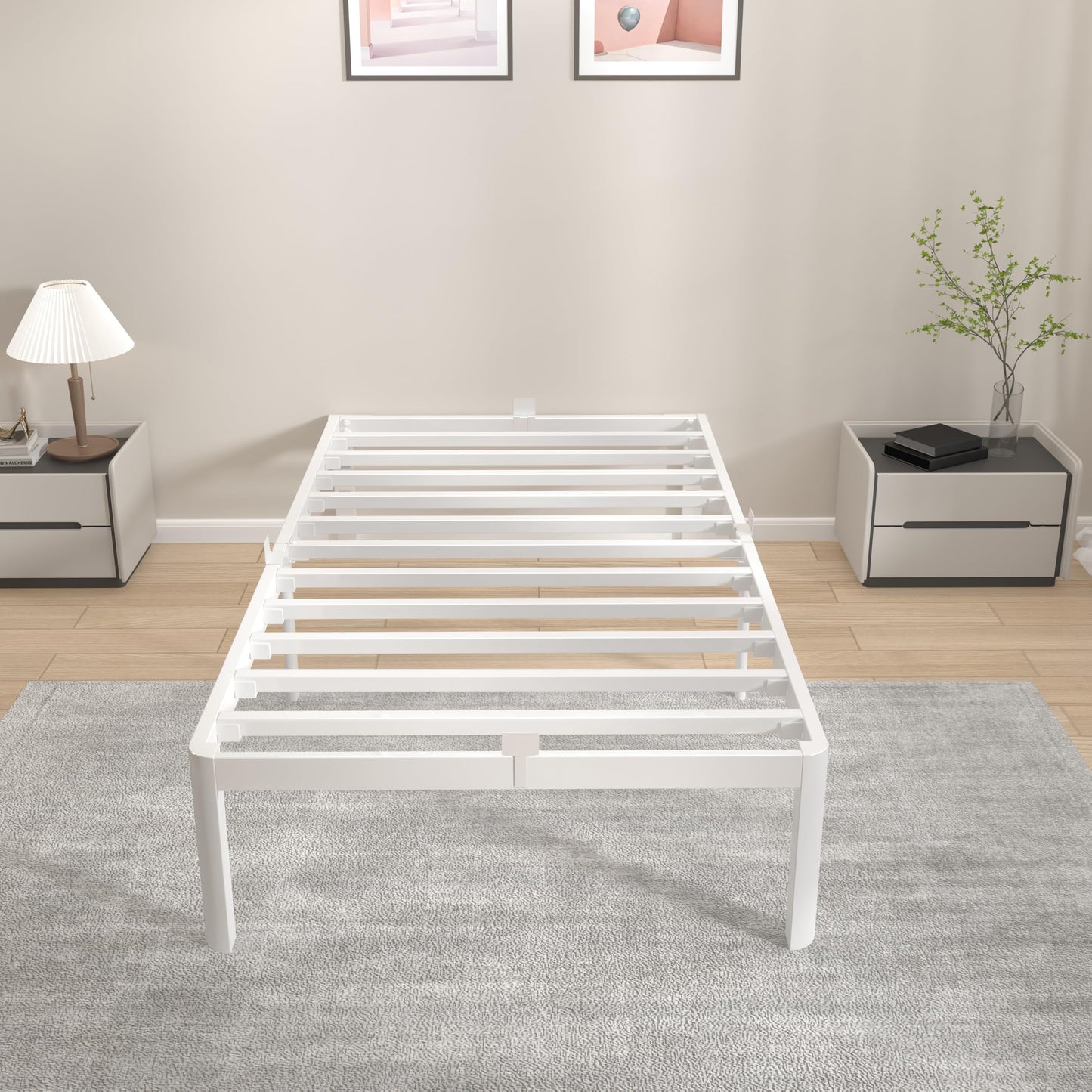 KVLKBV Single Bed Frame 90 x 190 cm,White Bed Frame with Metal Anti-slip Gasket and Large Storage Space Under Bed - Suitable for Bedroom, Guest Room