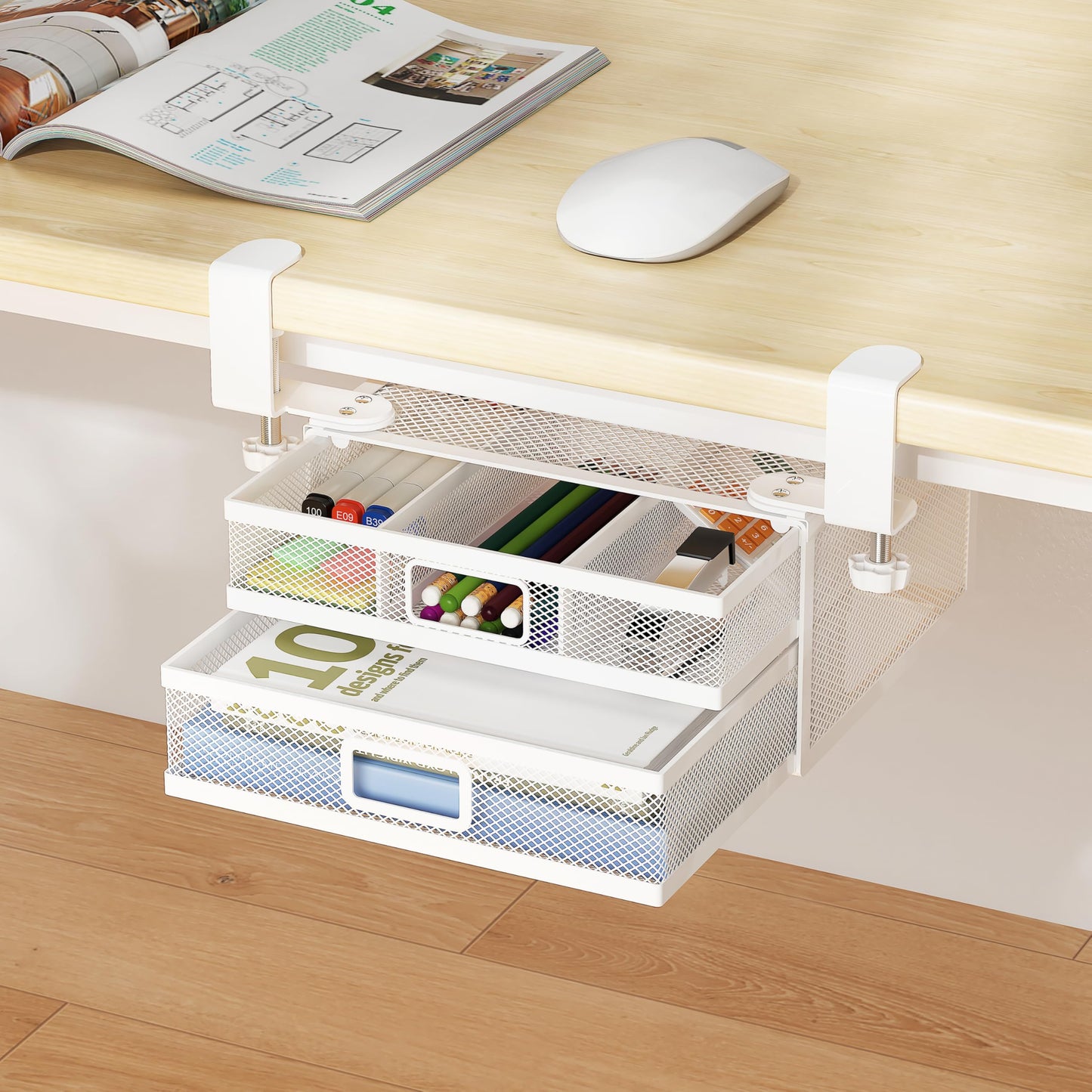 ROLIZOE Clamp On Under Desk Drawers 2 Large Capacity Mesh Metal Drawers Slide Out Under Desk Storage No Drill Under Desk Drawer Organiser Anti-Slip
