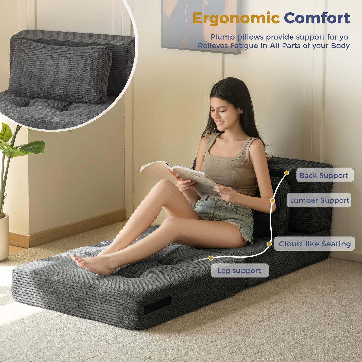 MAXYOYO Folding Foam Sofa Bed, Tri-Fold Mattress with 1 Pillow, Convertible Sofa Chair Futon Z Bed with 15cm Thincken Foam