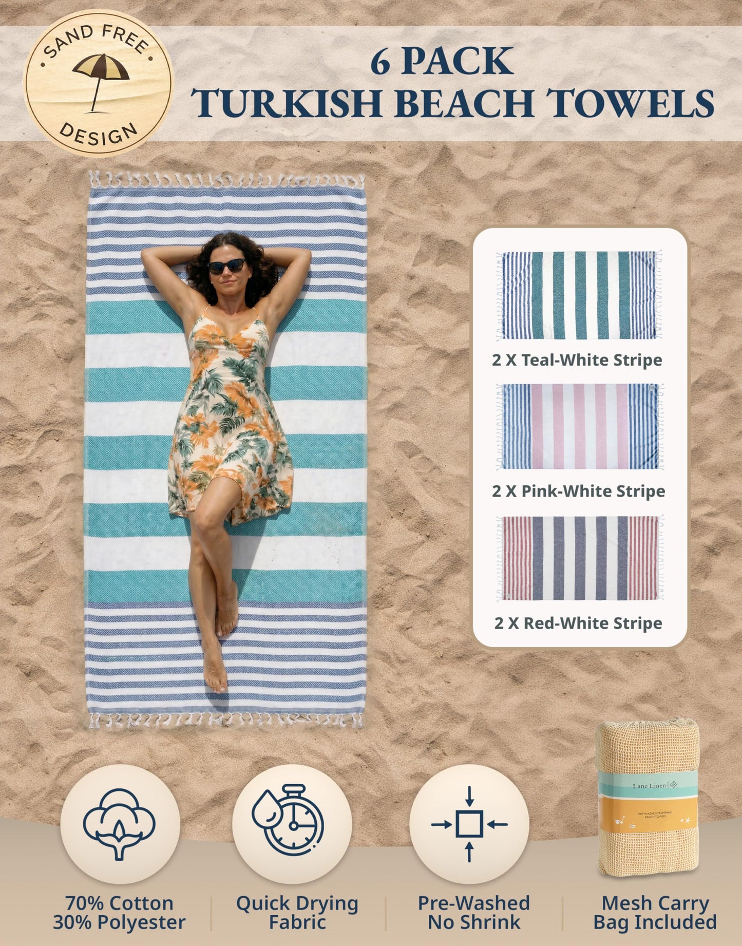 LANE LINEN Beach Towels 6 Pack, Cotton Rich Turkish Towels Oversized, Pool Towels For Adults, Pre-Washed, Sand Free Towel