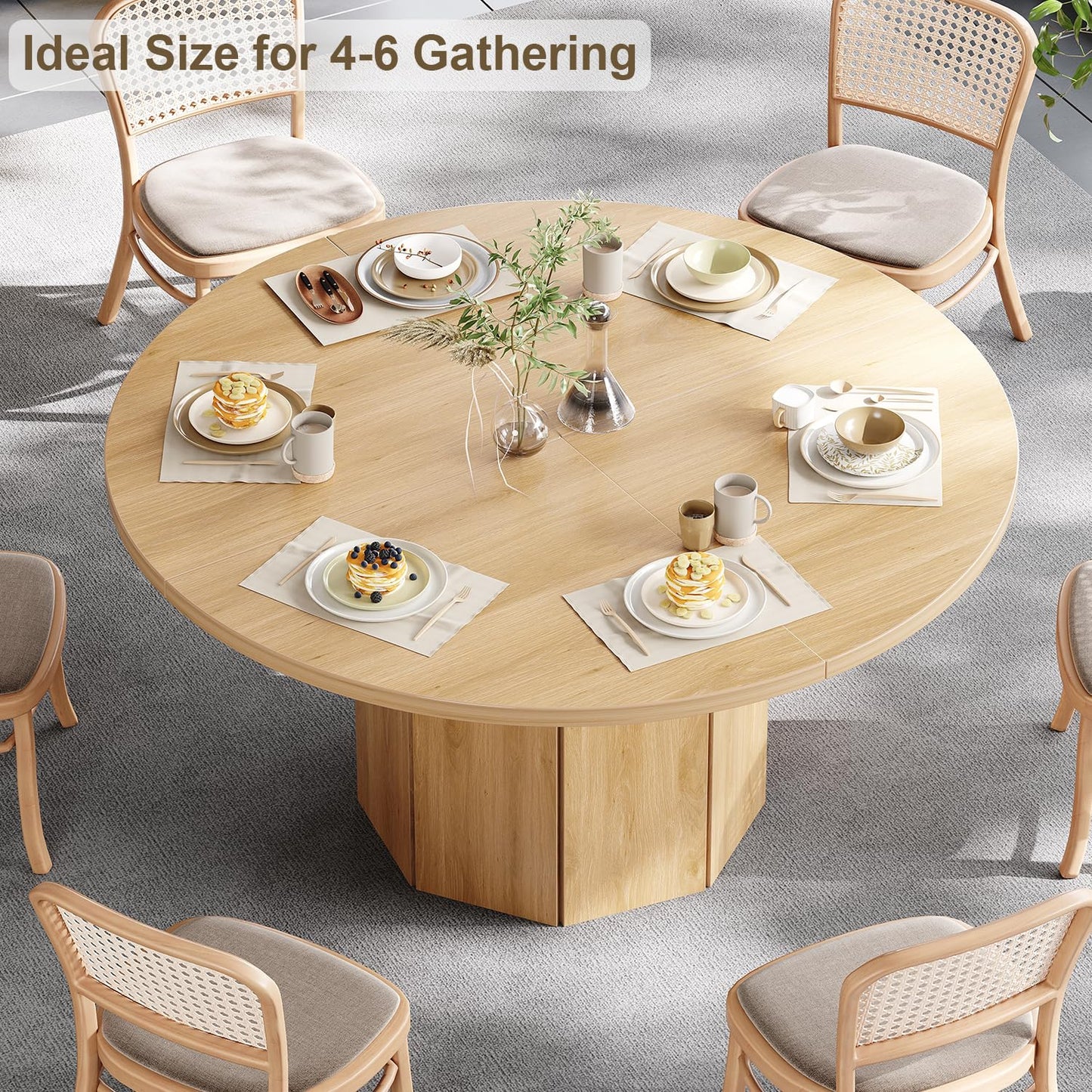 HSH Wooden Round Dining Table for 4, Modern Farmhouse Wood Dinner Table with Octagon Pedestal Base, Circular Kitchen Dining Room Table for Home