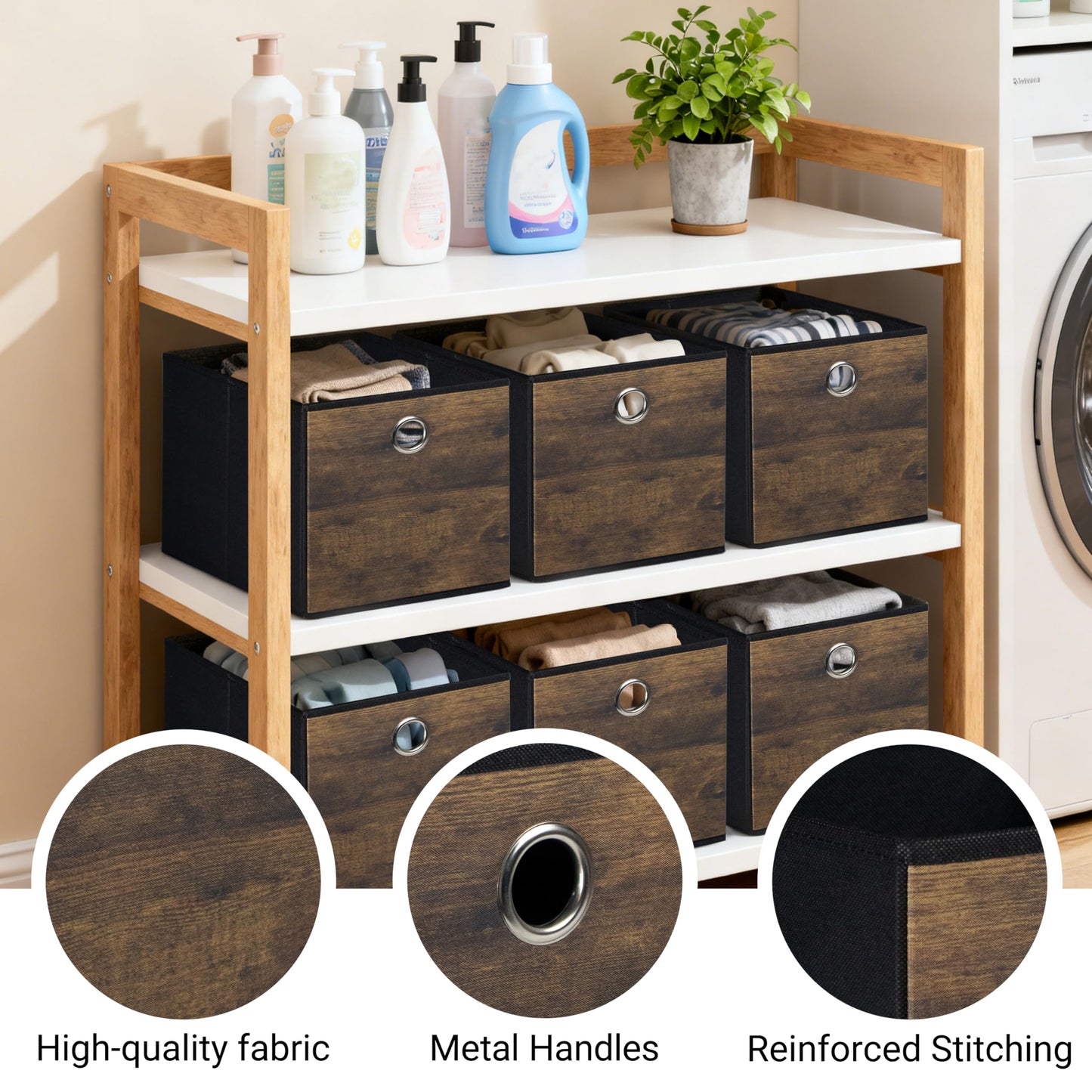 Folzaelar 6 Pack Durable Storage Cube Bin with Decorative Wood Grain,Thickened Fabric Boxes,Storage Basket for