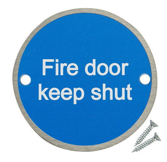 Fire Door Guru? Pack of 20 Fire Door Keep Shut Sign - 76mm Disc ? Stainless Steel Safety Sign - Fixings Included