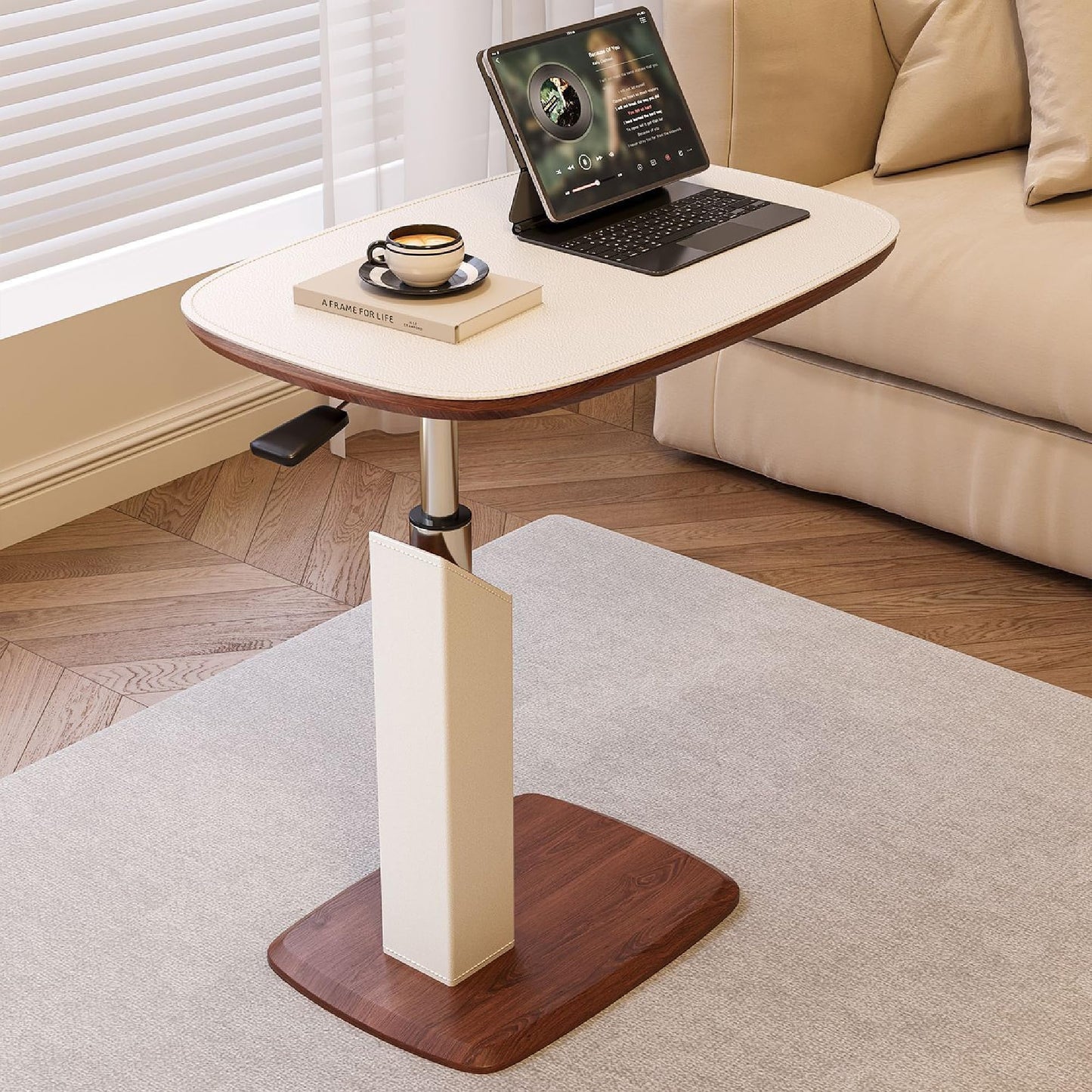 liameya Adjustable Height C Shaped Side Table with Pneumatic Lift, 360° Swivel & Hidden Wheels, Sofa End Tables that Slide under