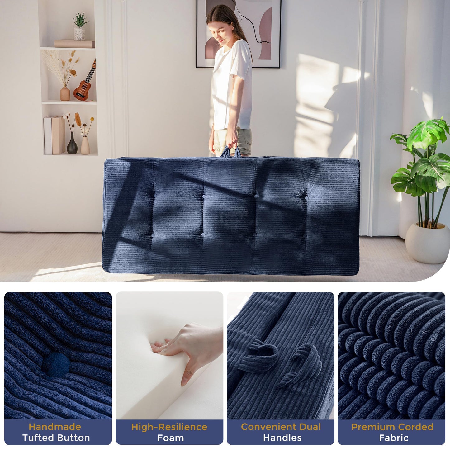 MAXYOYO Folding Mattress Double, Comfy Foldable Sofa Couch Bed, Guest Mattress with Handles Floor Futon Sofa Bed for Guest