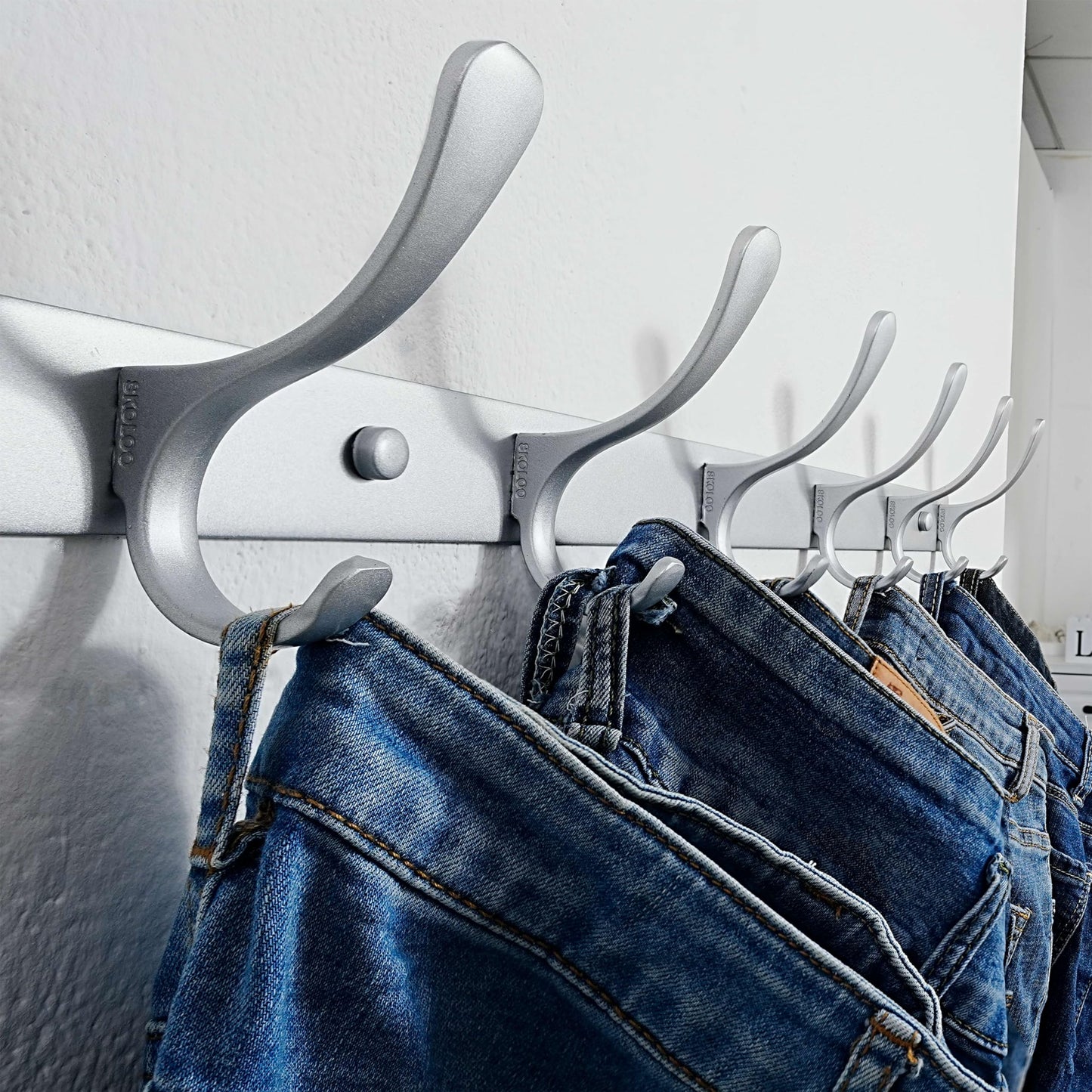SKOLOO Coat Rack Wall Mounted - 6 Hooks, Pack of 2, Heavy Duty, Stainless Steel, Metal Wall Coat Hanger, Sturdy Wall Hooks for Hanging Coat, Jacket